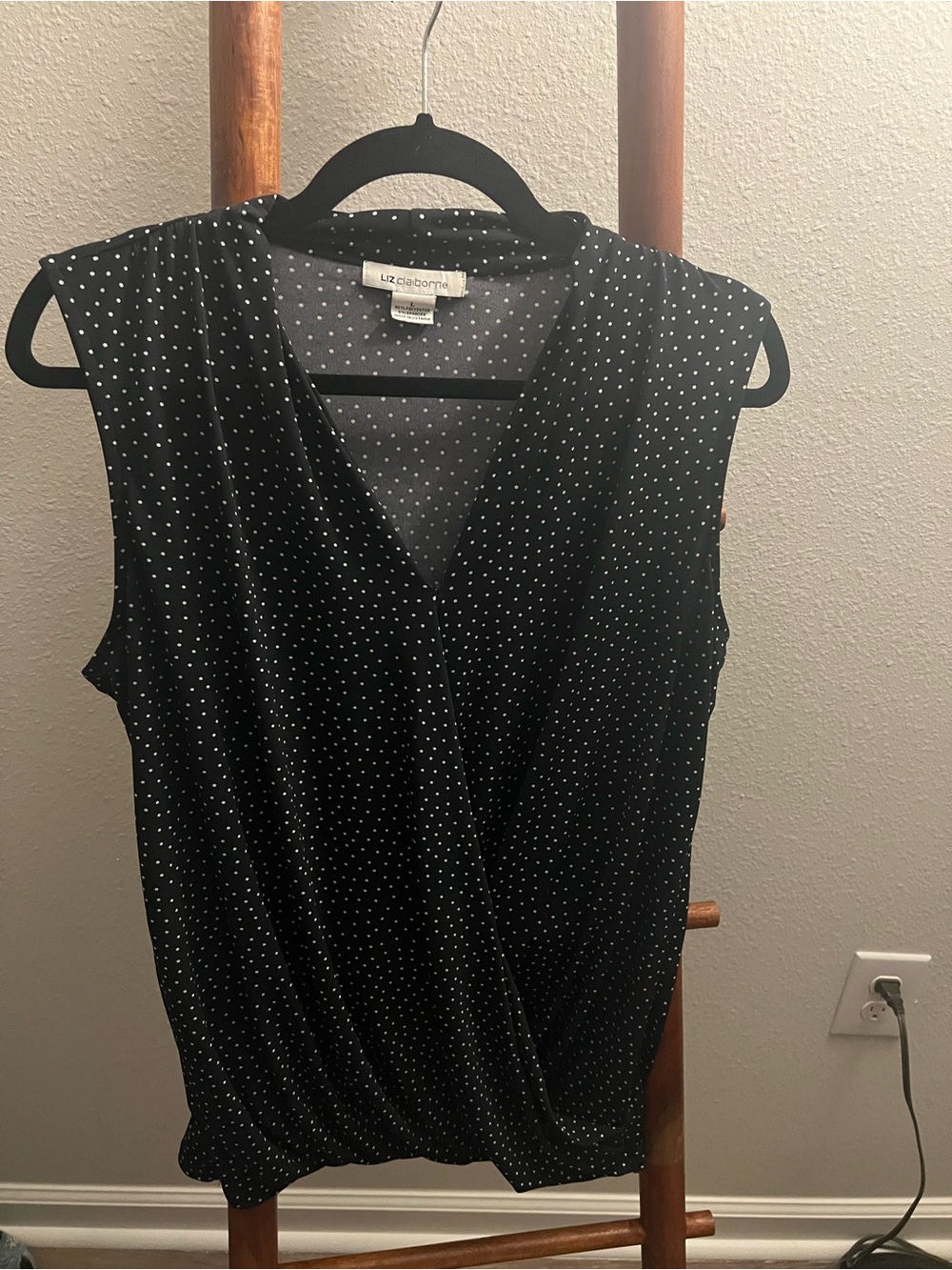 Liz Claiborne Black with White Polka Dots Sleeveless Faux-Wrap Top